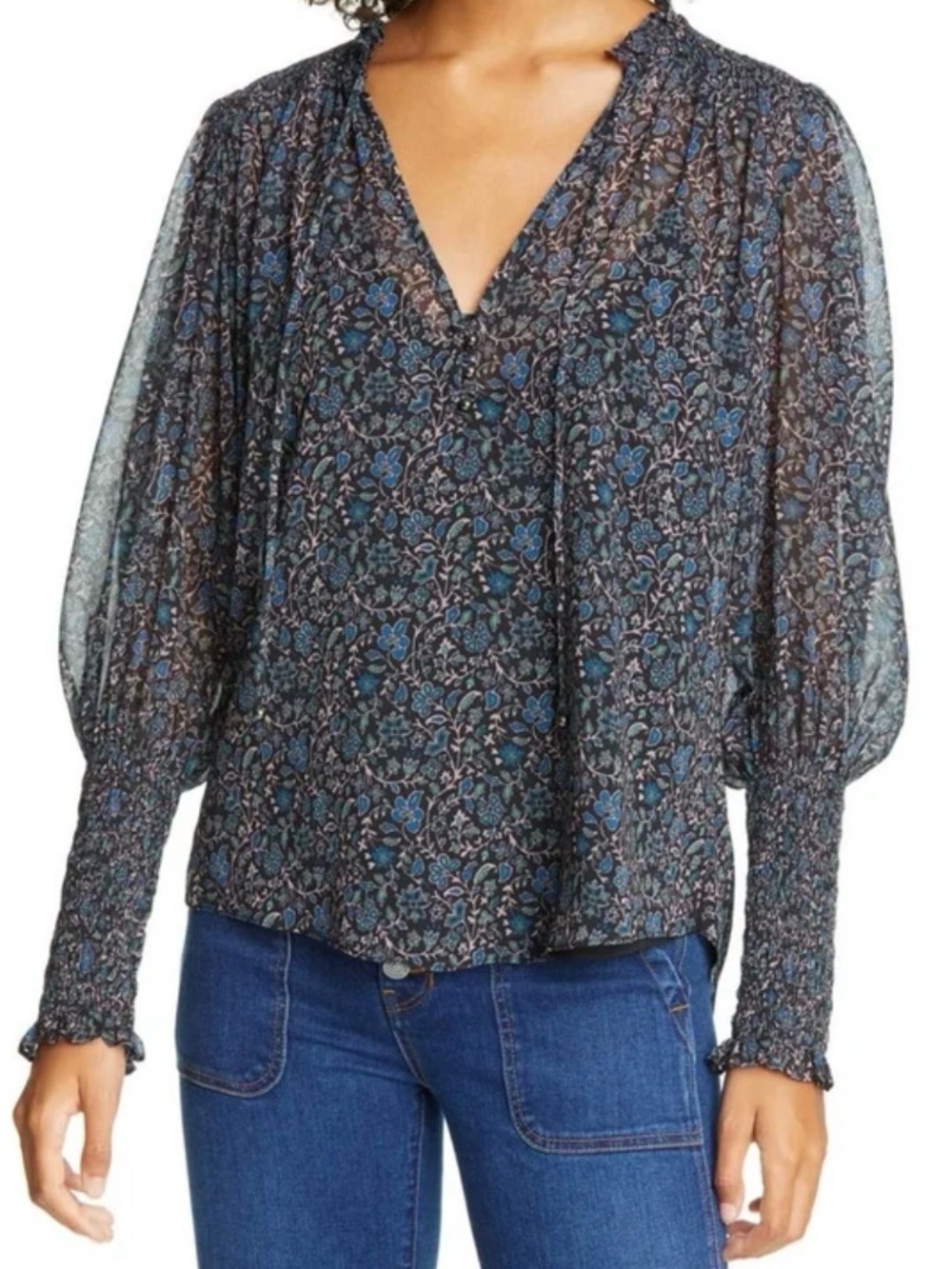 Veronica Beard Jaz Floral Chiffon Blouse Size 8 Black Multi Balloon Sleeve NWOT